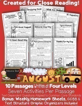 August Close Reading Passages w/ Common Core Aligned Text 