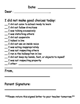 Fill in the Blanks Behavior Letter to Parents