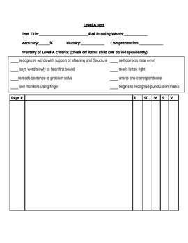 Level A blank running record recording sheet with level descriptors
