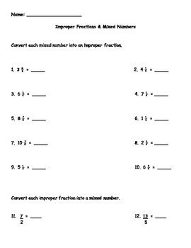 Mixed Numbers and Improper Fractions Worksheet