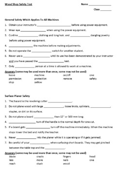 Wood Shop Safety Test with Answer Key